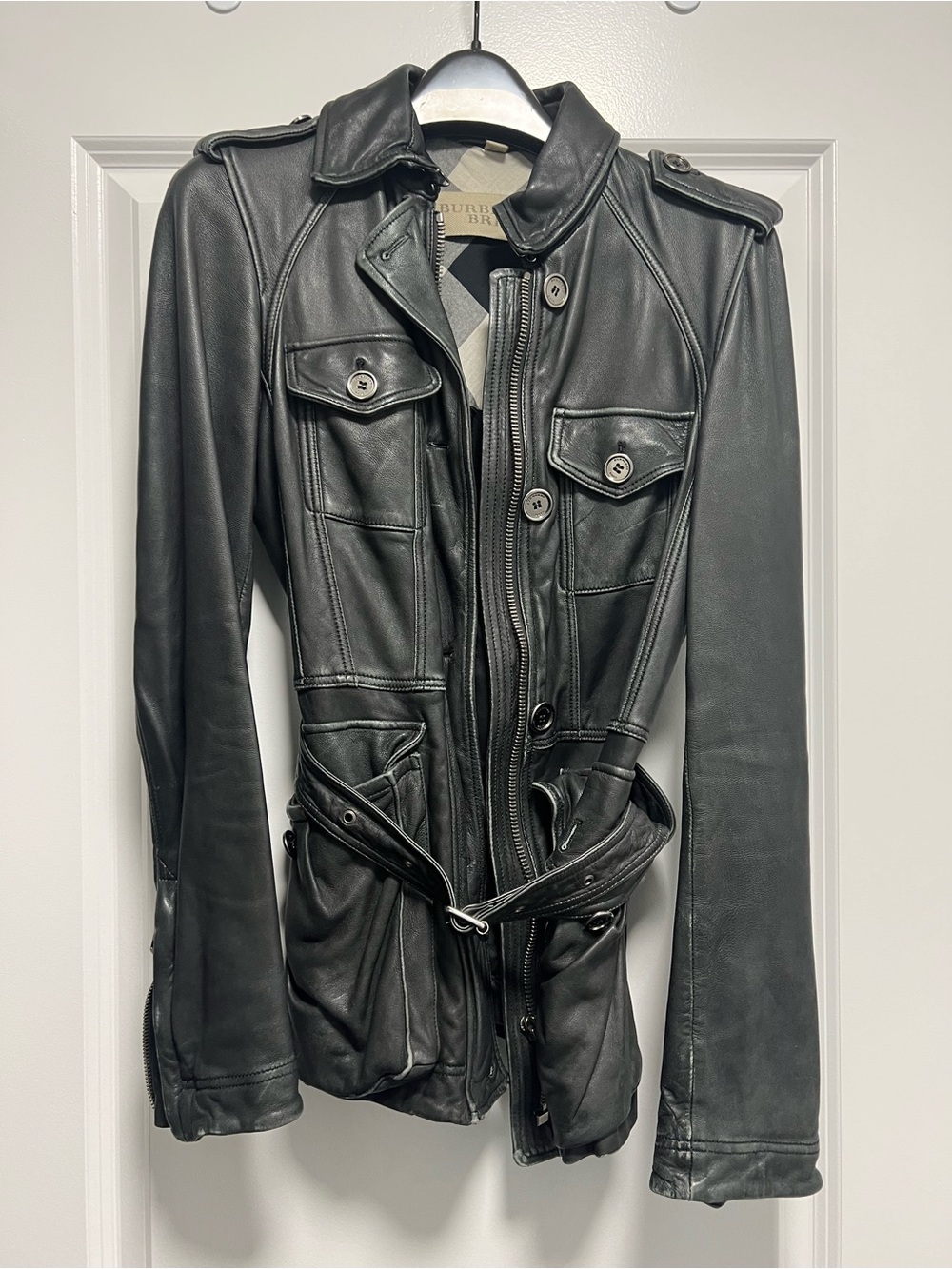 Burberry Black Leather Belted Military-Style Jacket